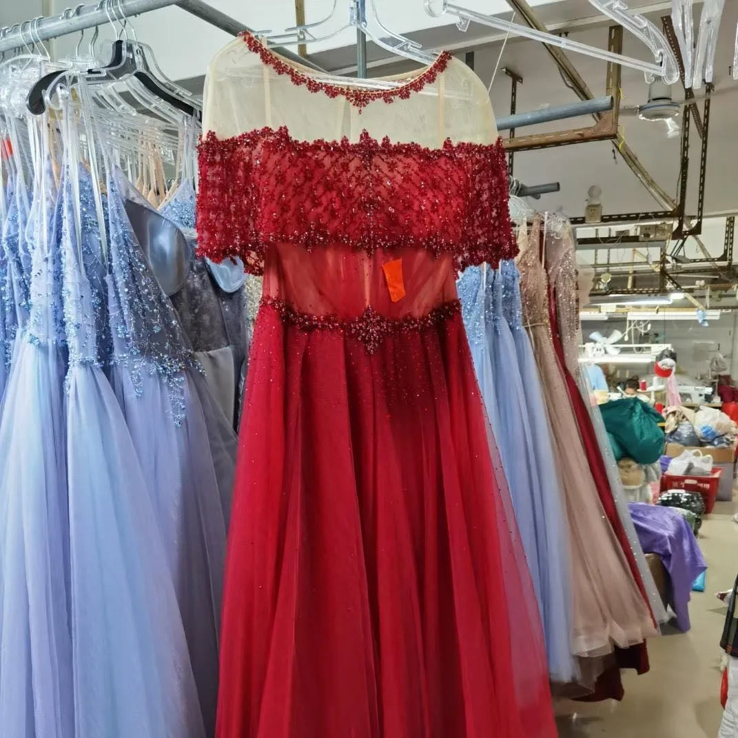 Hot Sale Evening Dresses Light Blue Short Sleeve a Line Party Wear Crystal Beaded Tulle Sexy Prom Dress