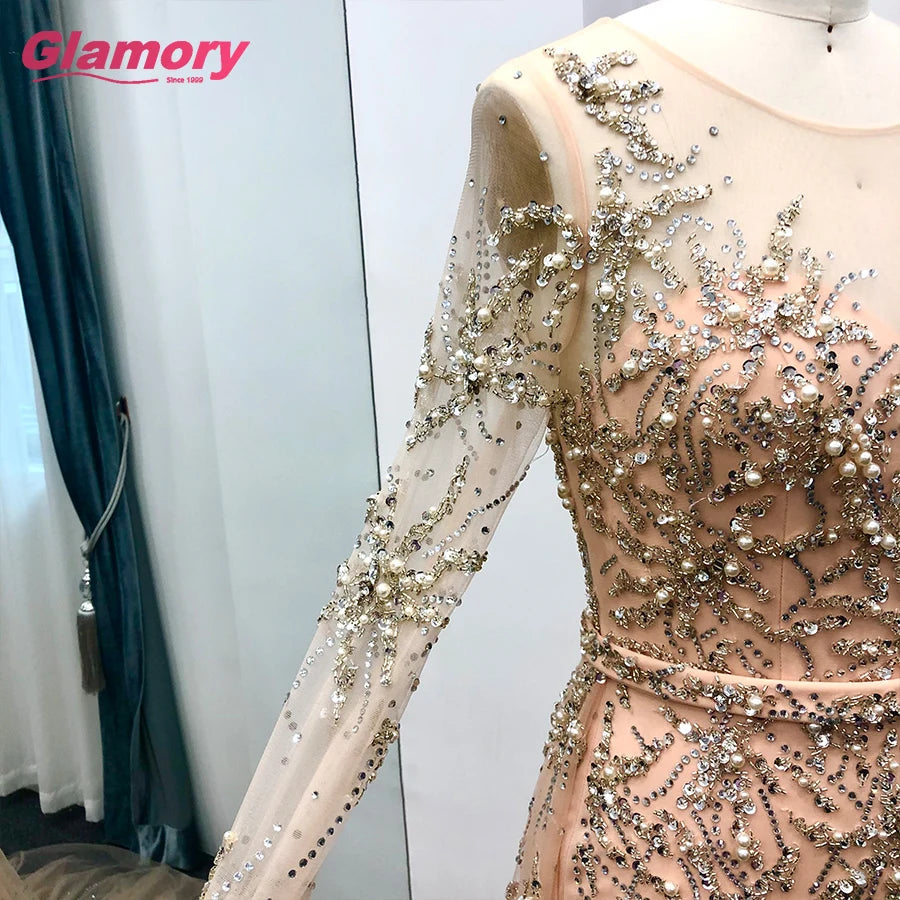 Rose Gold Long Sleeve Tirkish Dress With Stylish Beaded Evening Dresses Made in China