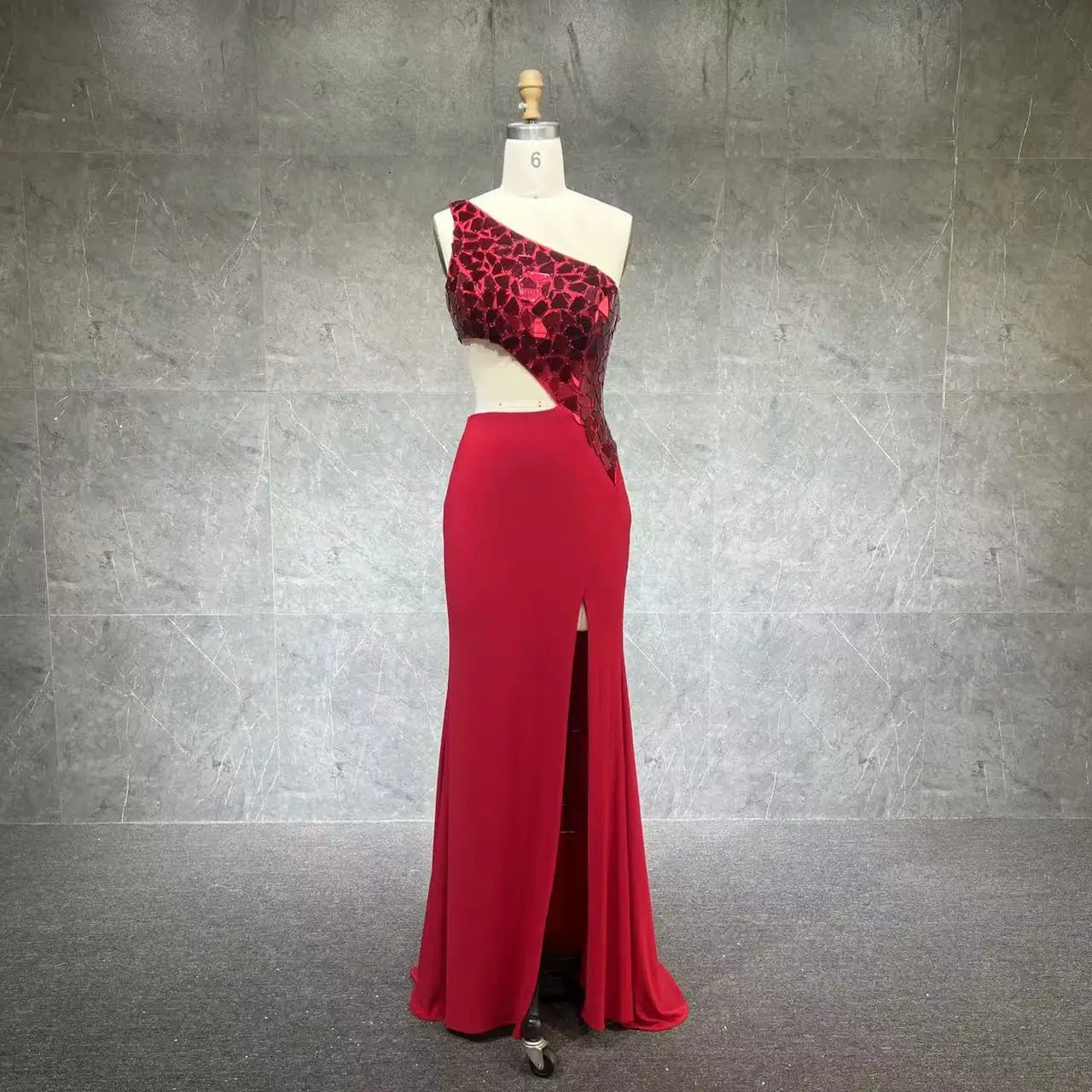 One-Shoulder High-Slit Long Prom Dress Glass Mirror Lady Preteen Girl Pageant Gown Formal Party Guest Runway