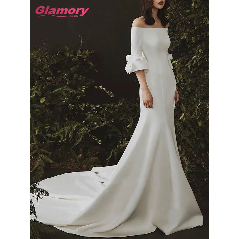 2020 Princess Megan Style Customized Satin Off-Shoulder Fit and Flare Sleeve Mermaid Wedding Dress
