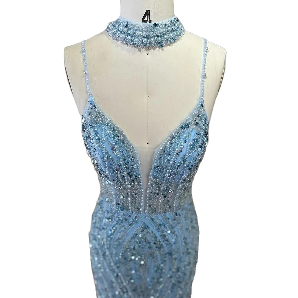 Caramel Mermaid Spaghetti with Split Strap Beaded Evening Dresses Prom Gowns Customize Party 2025