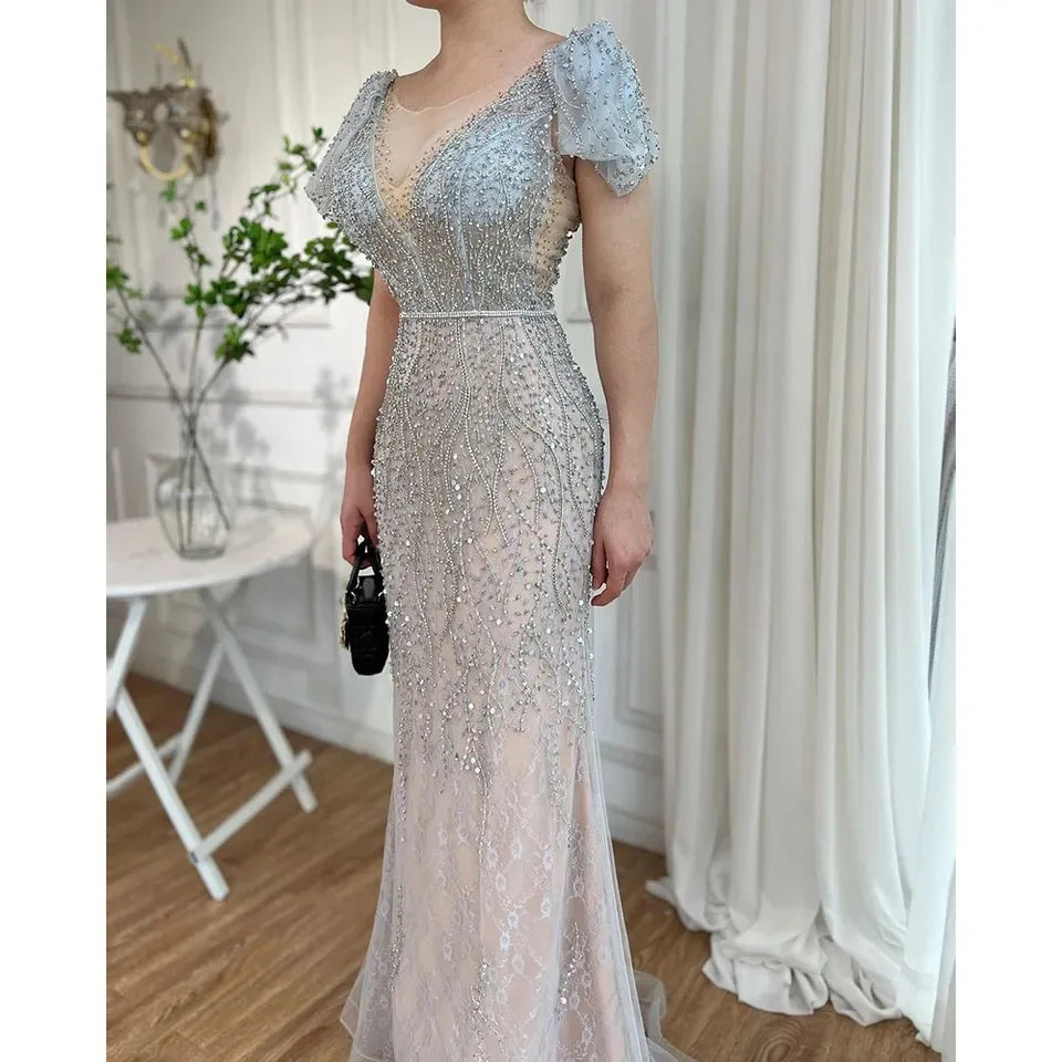 Crystal Sleeveless Shawl Yarn Evening Dresses 2023 Dubai Grey Nude V-Neck Sexy Formal Gown