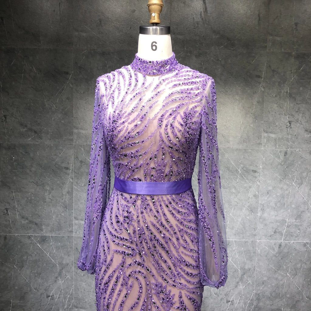 NEW Purple Mermaid Design Lady Bodycon Heavy Beading Elegant Party Long Evening Dress