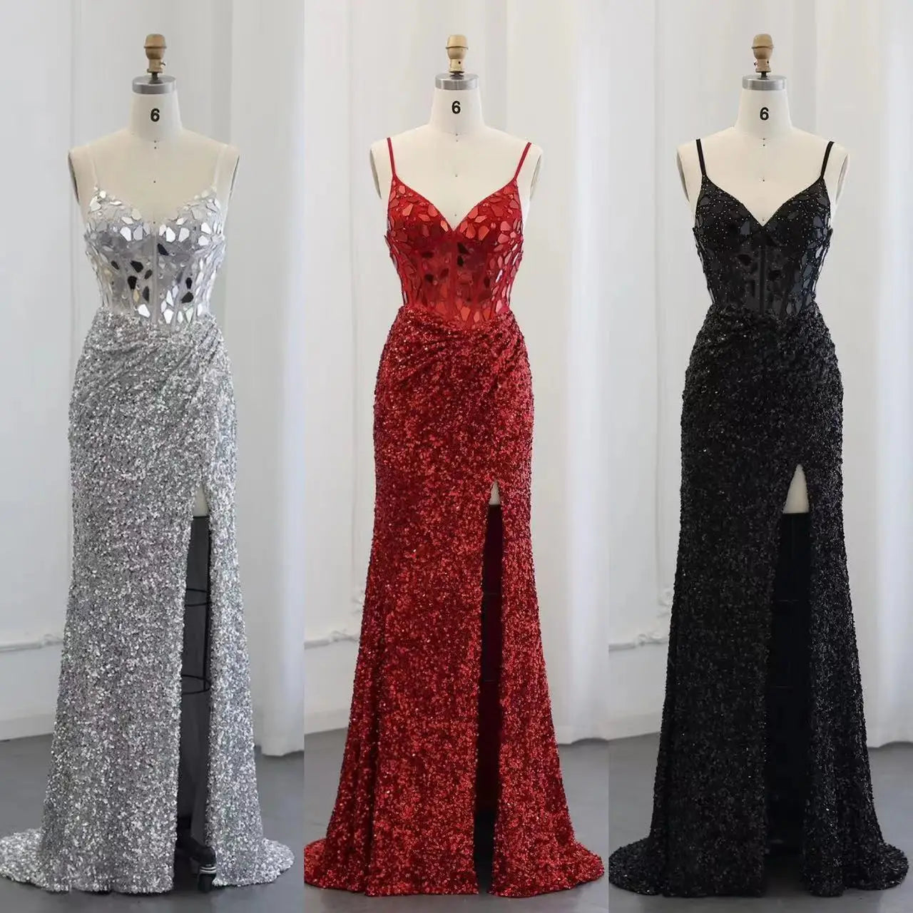 Sexy Spaghetti Straps Wine Red Sequin Mermaid Prom Evening Dresses 2024 Elegant Black Silver Long Party Gowns