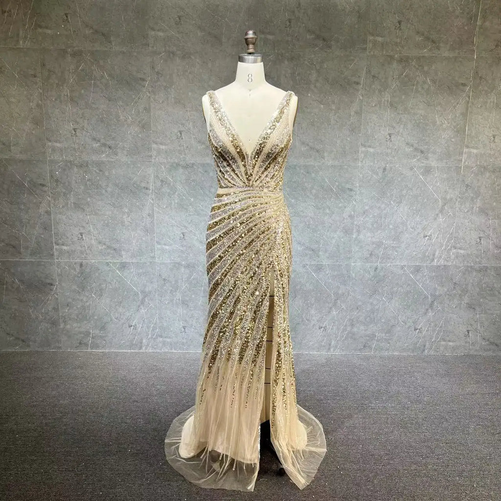New Women's Gold Beading Long Evening Slit Sleeveless Dress Prom Dresses Party Sexy Sequin Evening Dress