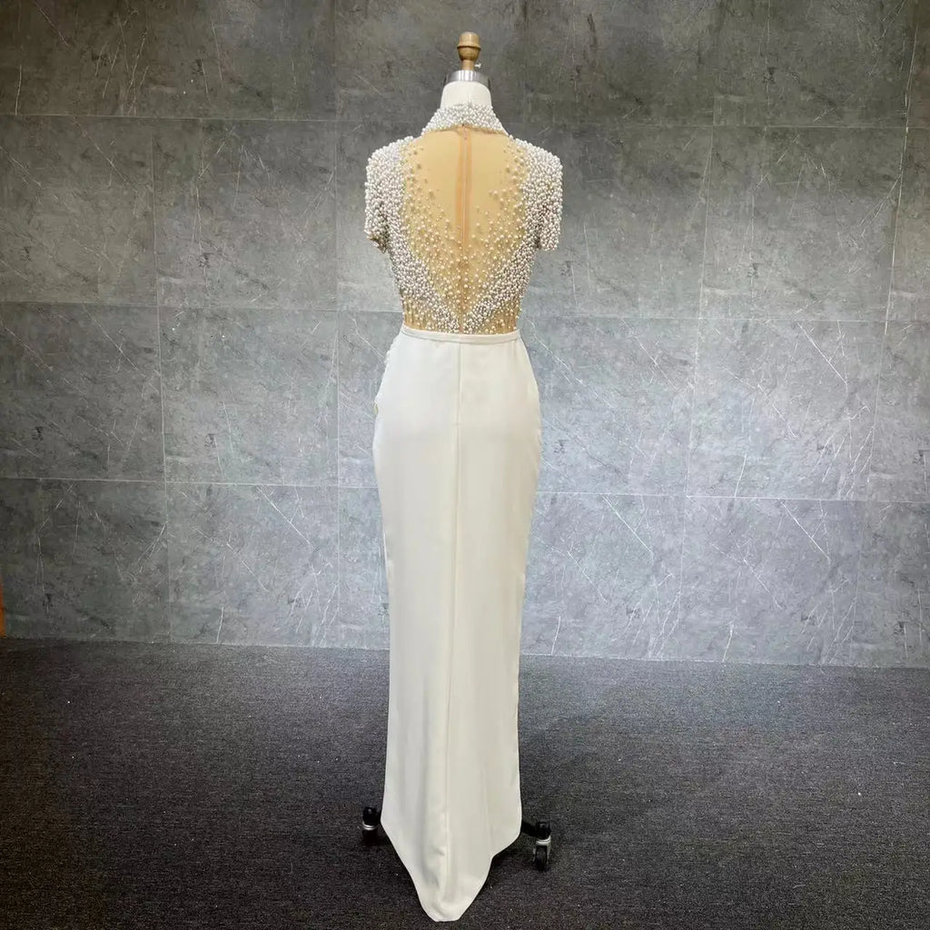 New Arrival Vestido De Novia Pearl Split Wrapped Evening Dress High Neck Beading Dress for Women Formal Gowns