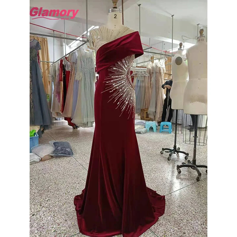 Ladies Formal Evening Dress Sleeveless Velvet Elegant Beaded Long Prom Dress