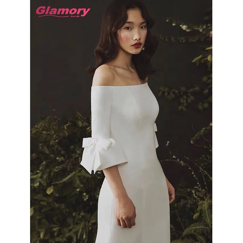 2020 Princess Megan Style Customized Satin Off-Shoulder Fit and Flare Sleeve Mermaid Wedding Dress