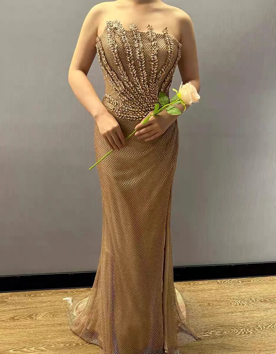 Gold Luxury Dubai Caramel Mermaid Evening for Women 2025 Sparkly Crystal Floor-Length Sweep for Weddings Proms