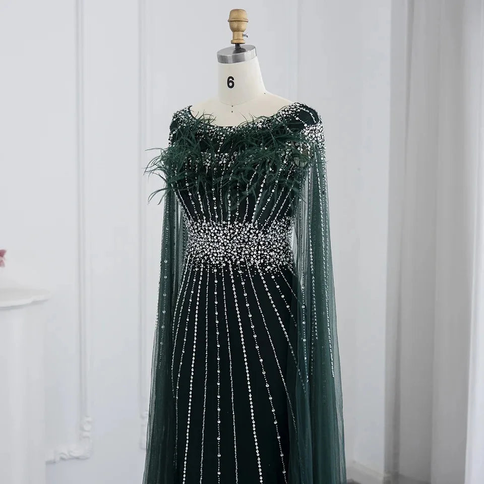 Luxury Silver Nude Elegant Mermaid Evening Dresses Gowns 2023 Feathers With Cape Sleeves Beaded for Women Party