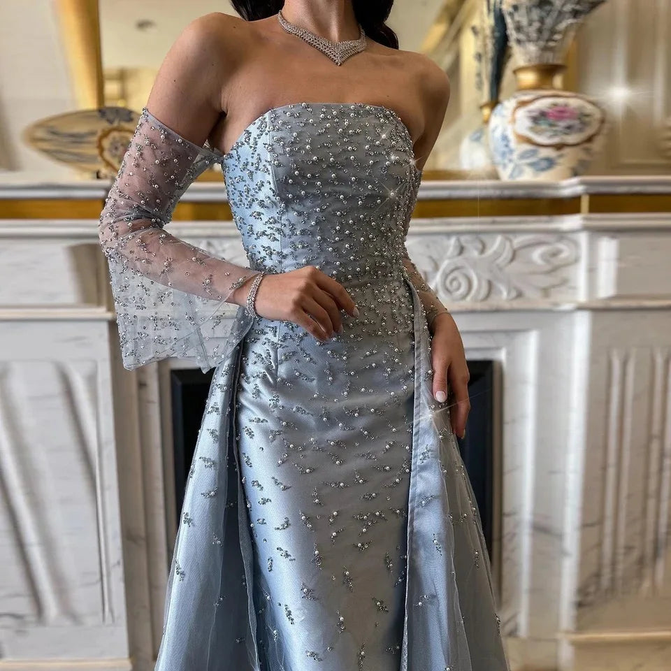 Light Blue Elegant Beaded Evening Dresses With Overskirt Luxury Gowns for Women Wedding Party Dress 2025