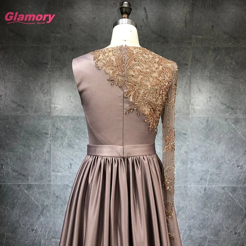 2021 New Designs Lady Party Plus Size Full Sleeve Floor-length Gray Pleat Satin Evening Dresses