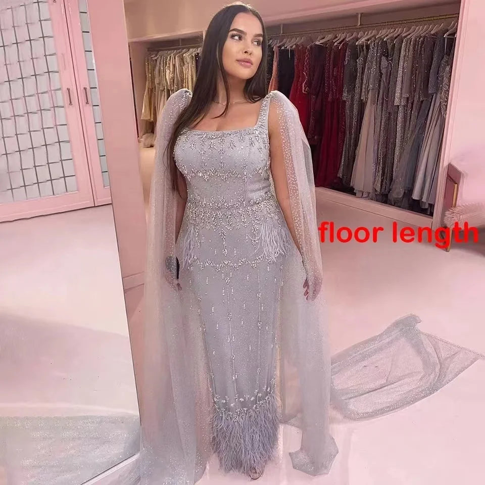 New Mermaid Fashionable Women Crystal Beading Midi Party Dresses High Quality Feather Evening Dresses