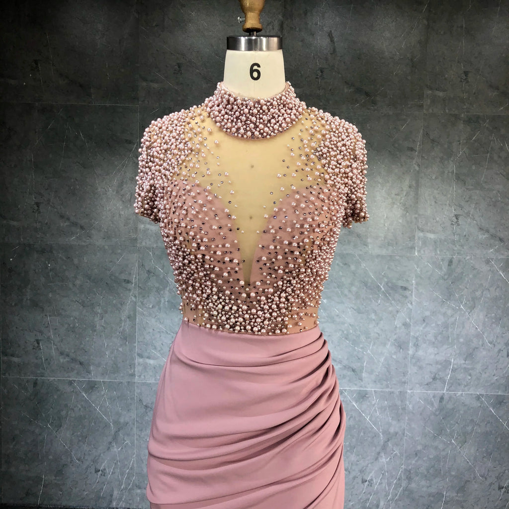 2022 Womens Sexy Beaded Patchwork Slit Satin Women Dress Short Sleeved Elegant Party Gown Dress for Women