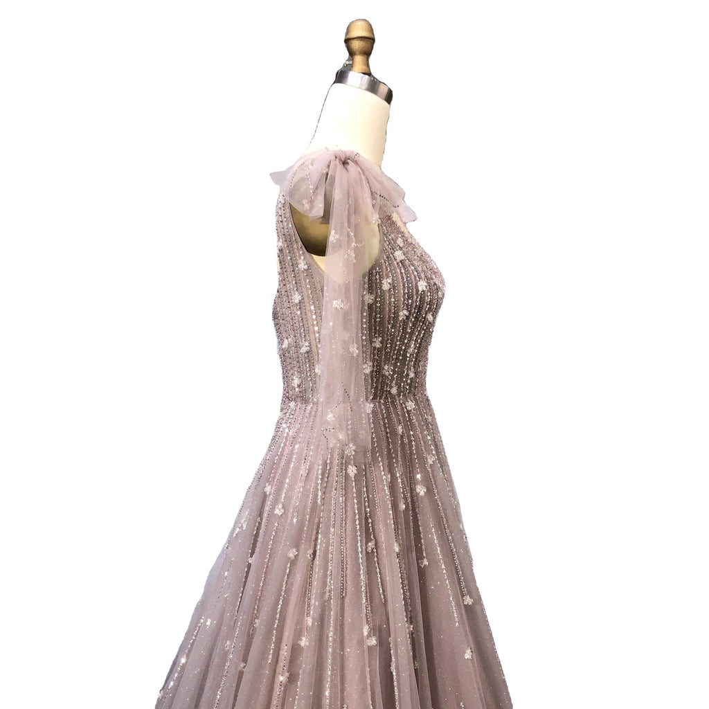 New Style Gorgeous A-line Glitter Tulle Evening Dress Spaghetti Strap With Bow Decoration Crystal Beading Party Gowns