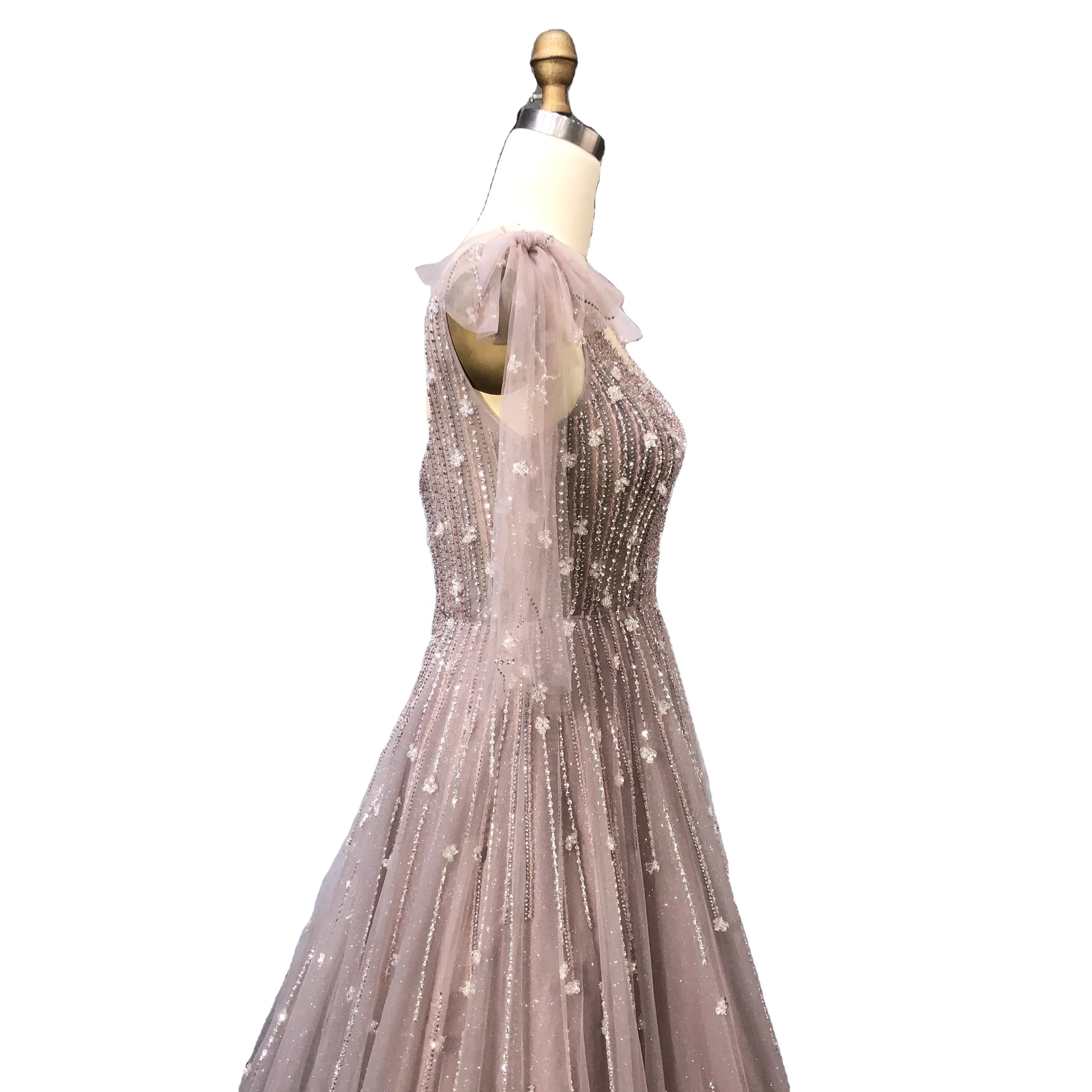 New Style Gorgeous A-line Glitter Tulle Evening Dress Spaghetti Strap With Bow Decoration Crystal Beading Party Gowns