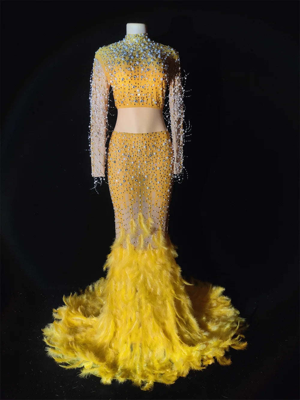 Luxury Pearl Sequins Mermaid Dress Women Ball Gown Wedding Dress Fashion Feather Shining Rhinestone Party Dress