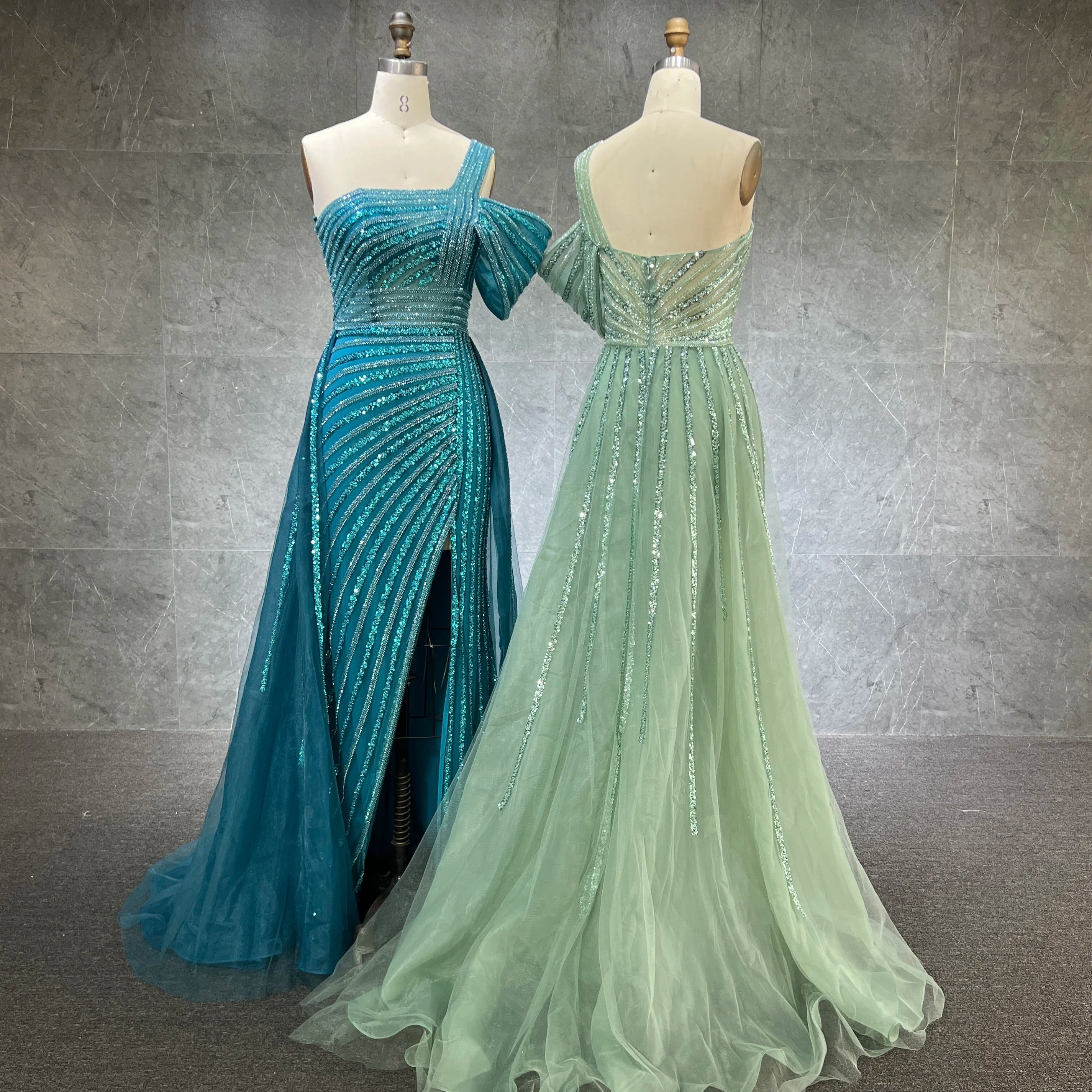 Turquoise One Shoulder High Split Sexy Evening Gowns Mermaid Elegant Luxury Beaded Organza Party Dresses