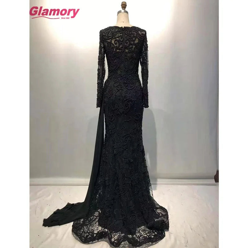 2021 Mermaid Design Lady Sexy Bodycon Heavy Lace Beading Elegant Party Long Black Evening Dress
