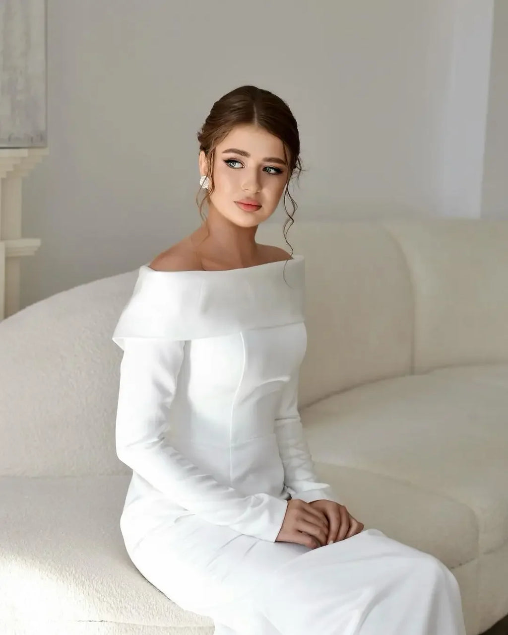 Sweeping Crepe Gown Satin Wedding Dresses Off Shoulder Bridal Gowns Women Wedding Guest Formal Party Dress