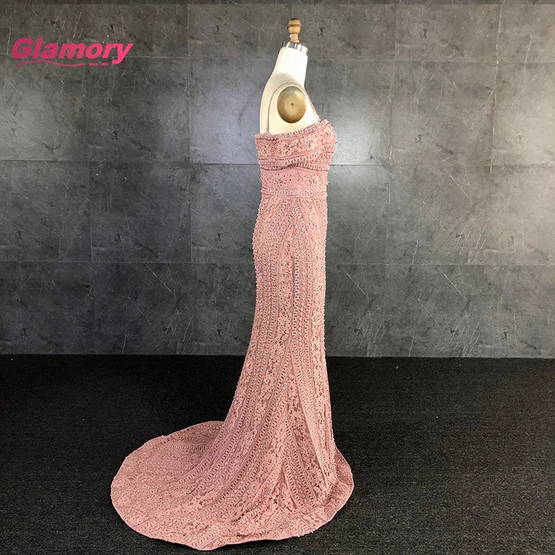 Pink Off Shoulder Lace Appliqued Mermaid Prom Elegant Beading Women Long Formal Evening Dress