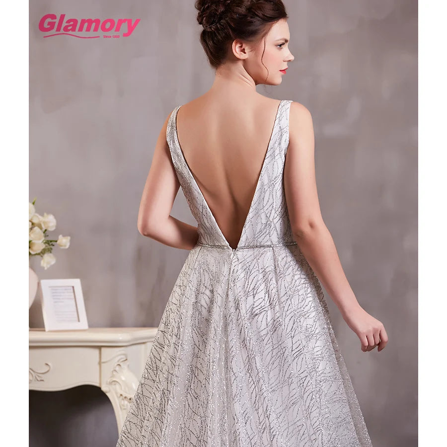 Silver Hot Selling Bling Prom Dresses V-neck Gown Dress Graduation Dress Sleeveless