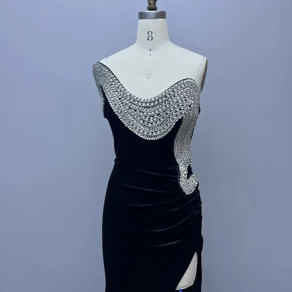 New High Quality Black Color Long Length Dress Thick Velvet With Gloves Sexy Sweetheart Design Sexy Party Dress