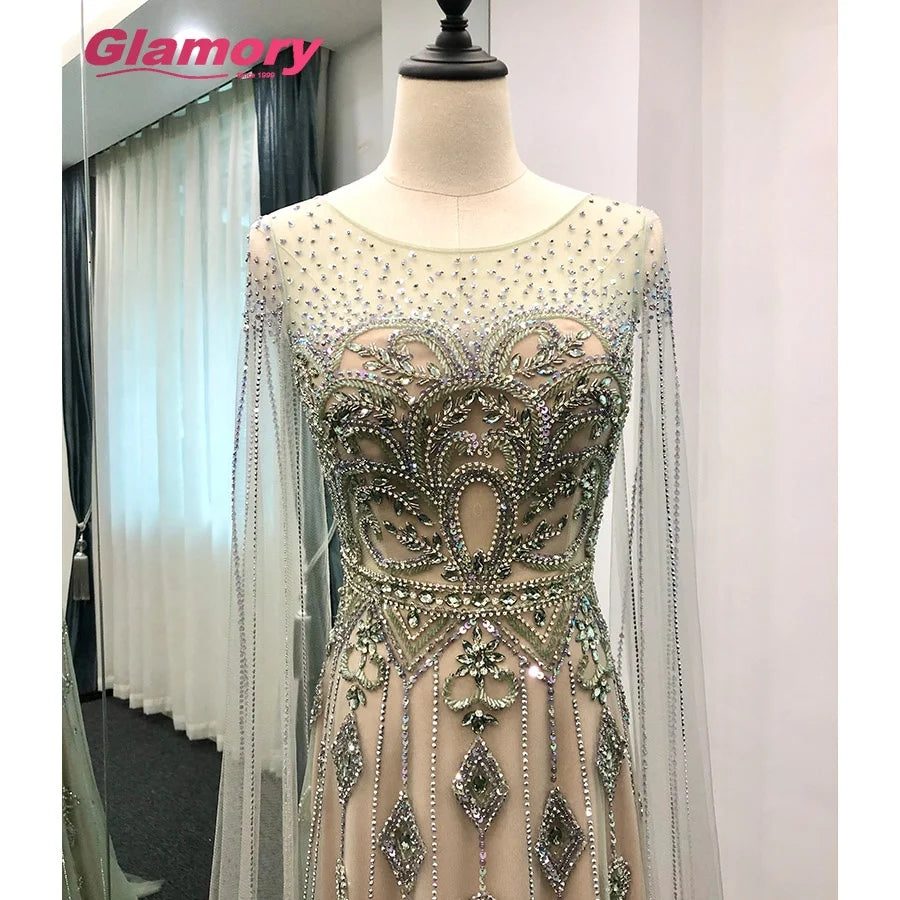 Latest OEM Factory Luxury Evening Elegant O-Neck Long Sleeves With Flutter Sleeves Crystal Beading Mermaid Prom Dress