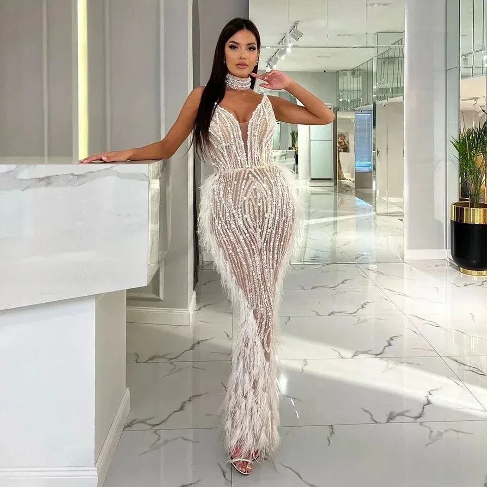 White Nude Mermaid Spaghetti Strap Beaded Feather Evening Dresses Prom Gowns 2024 for Woman Wedding Party