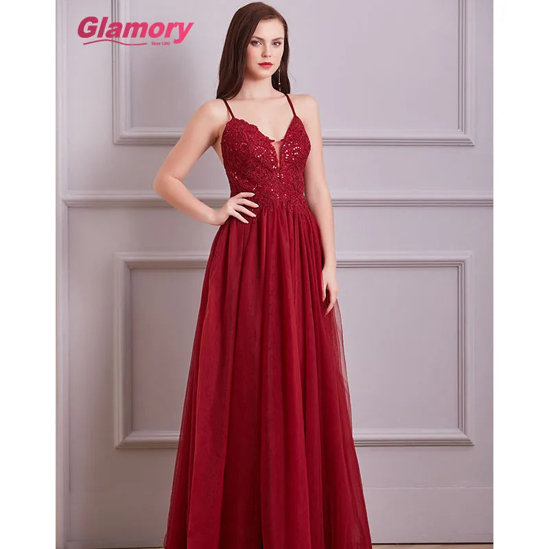 Hot Sales Girls Dress Party Banquet Sexy Backless Burgundy Gown Wholesale Lace Evening Dresses for Women