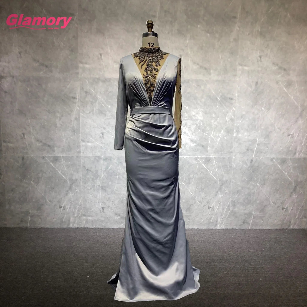 New 2021 Full Sleeve Bodycon Satin Evening Dress With Beads Sexy Banquet Evening Dress for Women