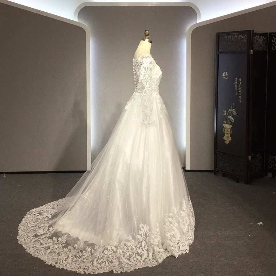 Whit Sleeve Bridal Gowns Lace Beaded With Crystals Bride Plus Size Long Train Wedding Dress