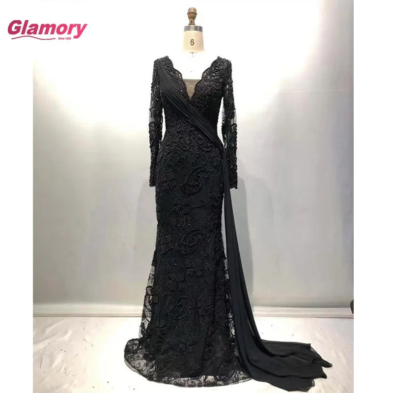 2021 Mermaid Design Lady Sexy Bodycon Heavy Lace Beading Elegant Party Long Black Evening Dress