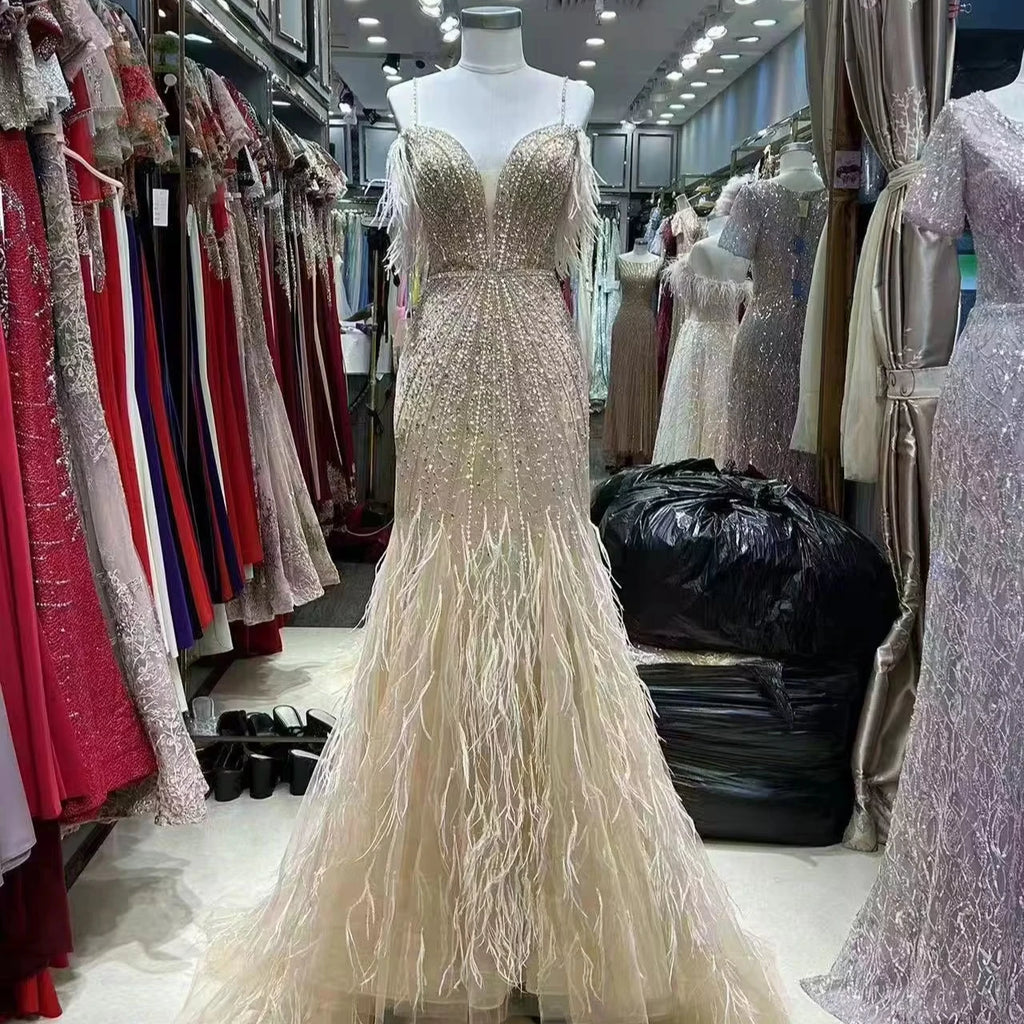 Luxury Feather White Nude Prom Evening Dresses Elegant Long Women's Wedding Party Dress