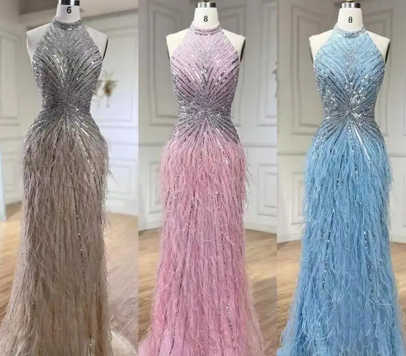 New Arrival Luxury Beaded Gown With Feathers High Neck Thigh Sheer Long Elegant Evening Dresses