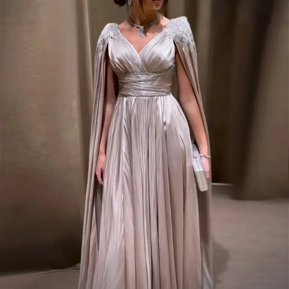 2025  Luxury Crystal Rose Gold Evening Dress With Cape Elegant V-Neck Turquoise Women Wedding Party Gown