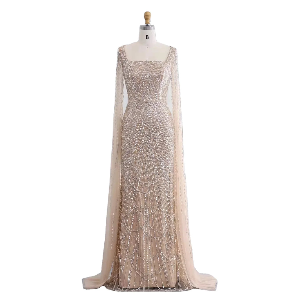 2025 Saudi Arabic Mermaid Evening Dress With Beaded Cape Sleeves for Formal Occasion Customize