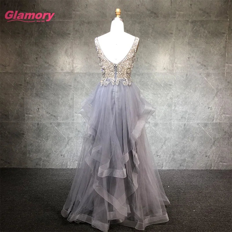 Gray Deep V-neck Puffy Evening Dresses Long Seductive Tulle Beading Prom for Women