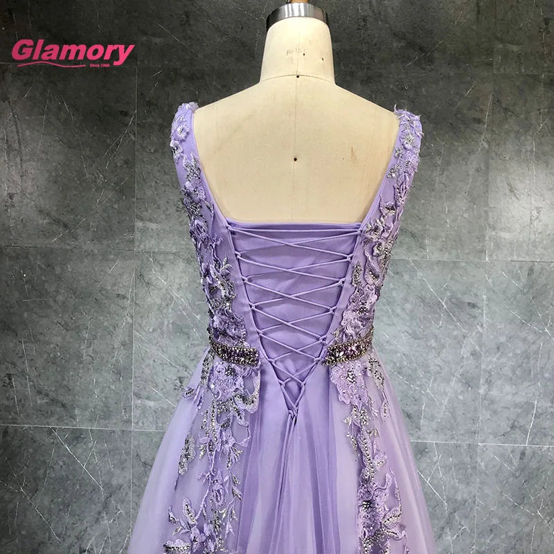 Lavender V Neck Embroidered Ball Gowns Beaded Belt A-Line Ladies Evening Dress Luxury Prom Dresses for Party