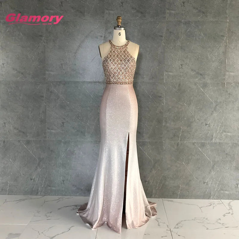 2020 Bottom Price Halter Party Evening Unique Glitter Fabric Sexy Formal Long Prom Dress