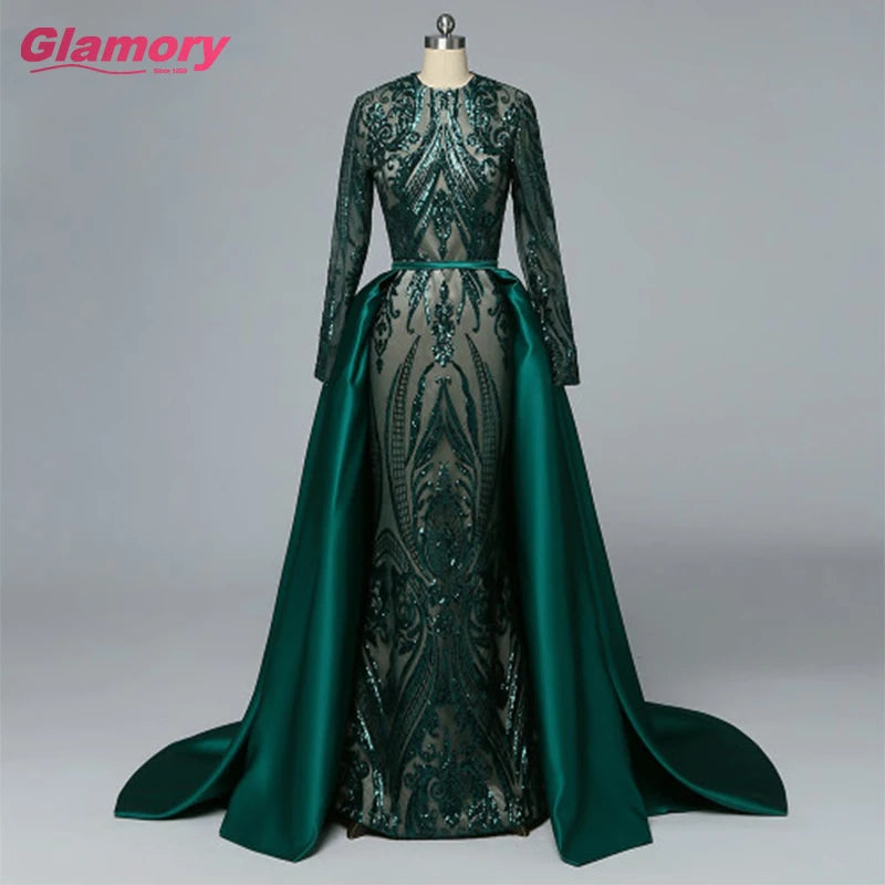 Luxury Muslim Mermaid Evening Sequin Long Sleeves Detachable Train Dubai Saudi Arabic Formal Dress Prom Gown Robe De Soiree