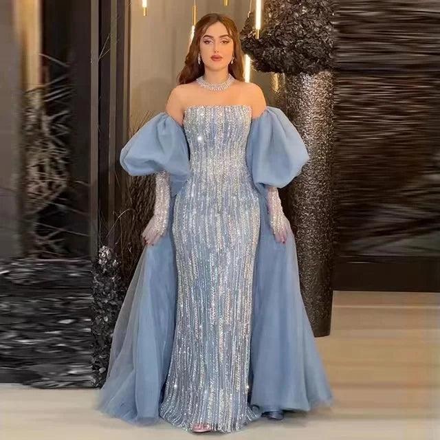 Hot Sale Blue Women's Sexy Beads Butt Wrapped Prom Dress New Sequined Gauze Mermaid Evening Dress
