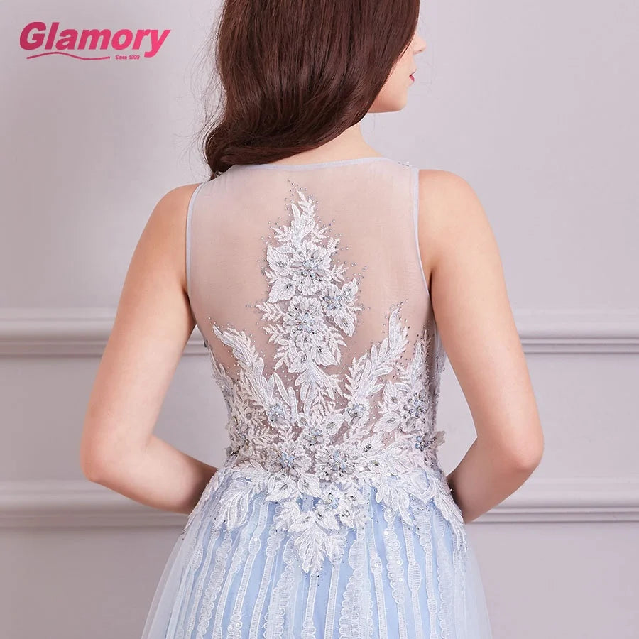 Light Blue Women Lace Applique Tulle Evening Dress V-neck Fantasy Dress