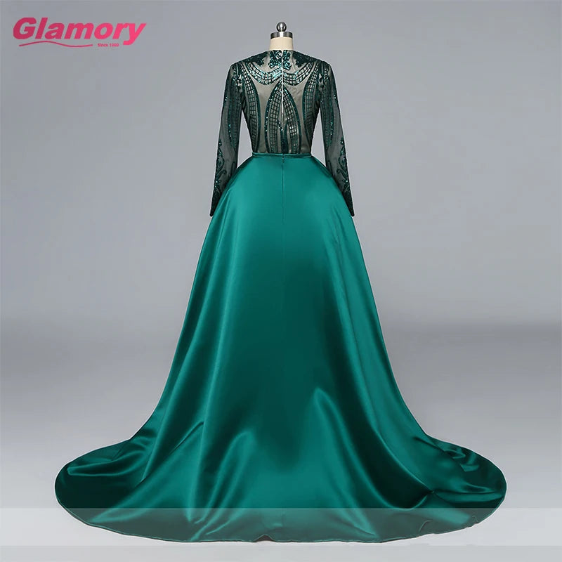 Luxury Muslim Mermaid Evening Sequin Long Sleeves Detachable Train Dubai Saudi Arabic Formal Dress Prom Gown Robe De Soiree