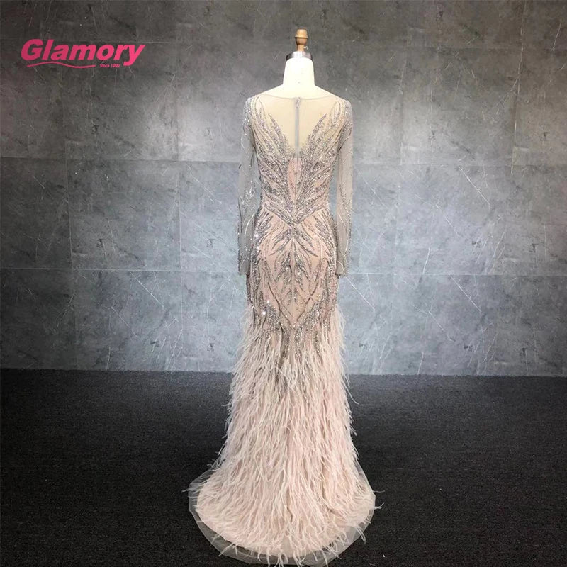 Nude  Feather Dress Sparkly Beading Sexy Party Wear Gowns Long Mermaid Formal Evening Dresses for Women