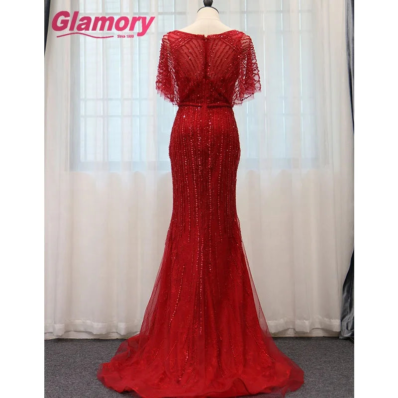 Burgundy Dresses 2020 Long Bat Sleeve Lace Tulle Evening Evening Dress Beaded