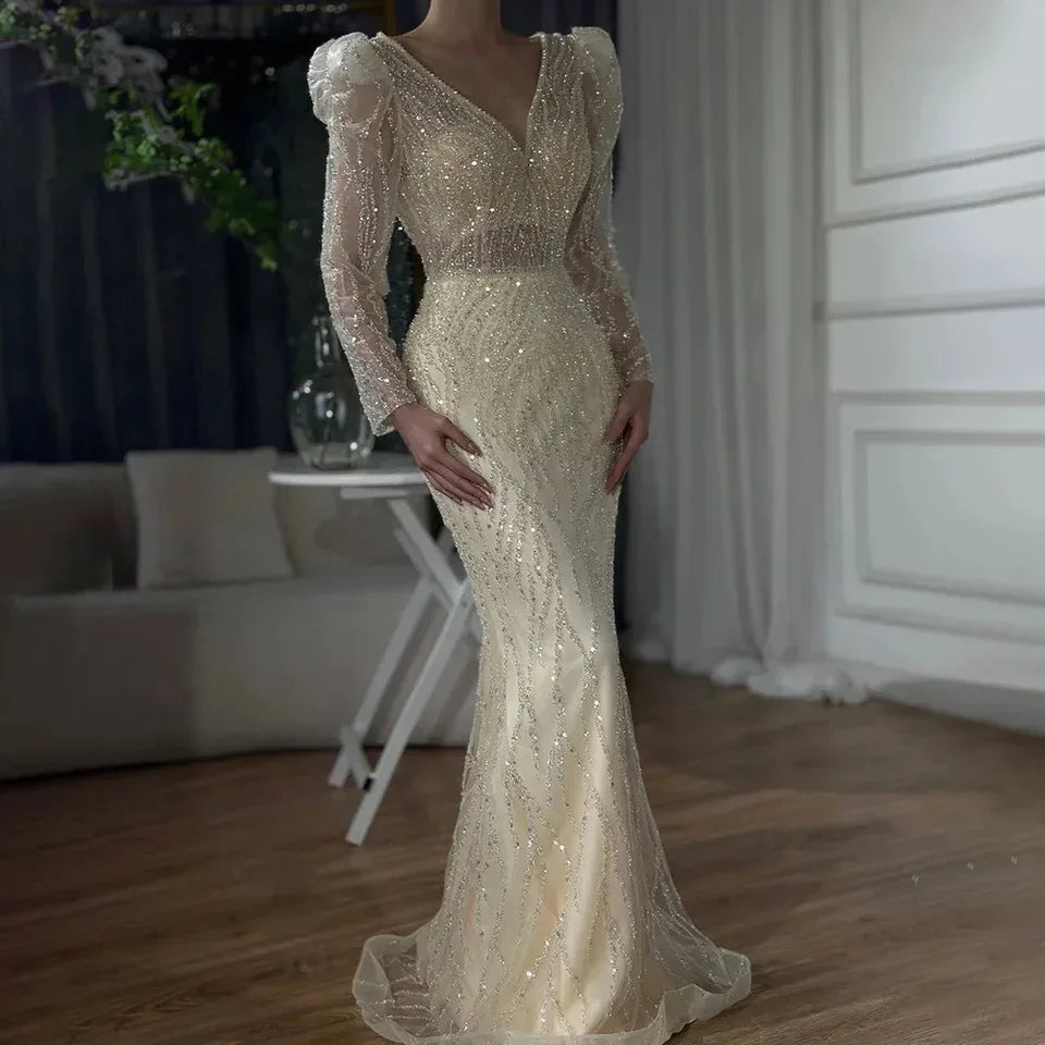 Muslim V-Neck Long Sleeves Mermaid Beaded Evening Dress Elegant Formal Party Gowns 2025 for Women