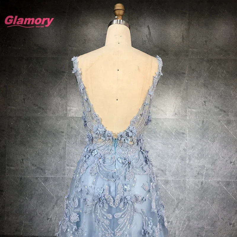 Latest Design V-neck 3D Flower Appliques A-Line Prom Dress Women Party Dresses Prom Gowns