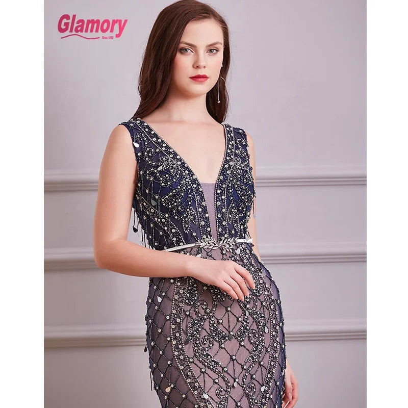 Dark Bule Customized Luxury Full Crystal Sexy Transparent Formal Evening Dresses Ladies Gown Dress