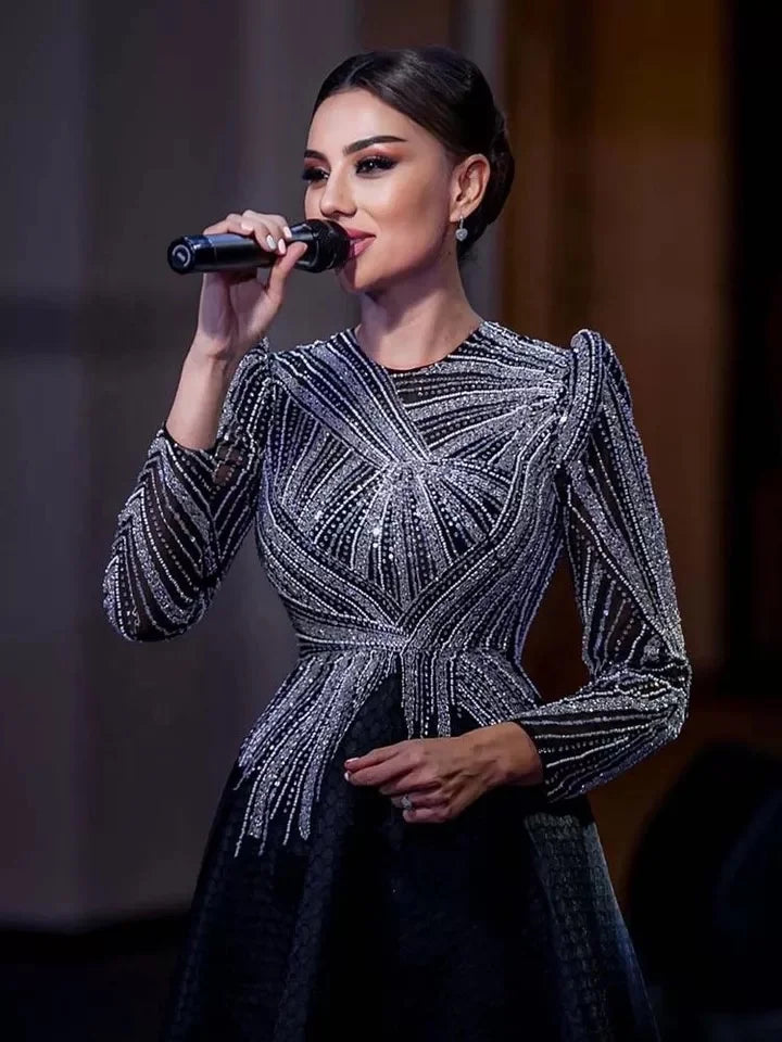 Black Midi Evening Dresses O Neck Long Sleeves  a Line Beaded Ladies Formal Party Gowns